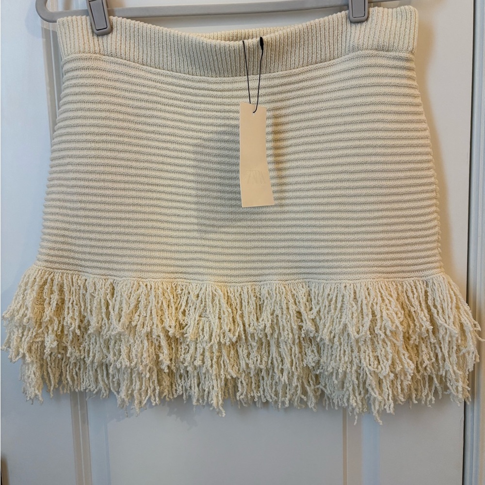 Zara Ivory Fringe Mini Skirt